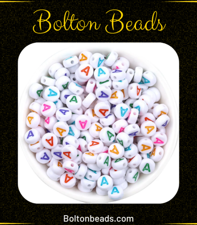 Round Alphabet Beads in Multi White featuring the letter A, approximately 70 beads for jewelry making.