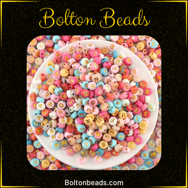 Round Alphabet Beads in Multi Golden, approximately 120 beads for jewelry making.