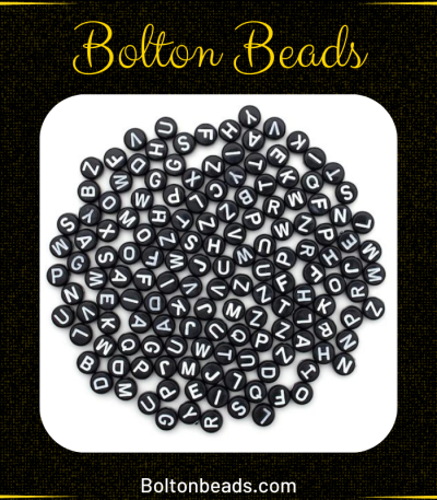 Round Alphabet Beads in Black and White, approximately 140 beads for jewelry making.