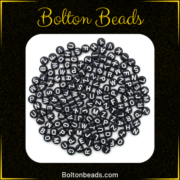 Round Alphabet Beads in Black and White, approximately 140 beads for jewelry making.