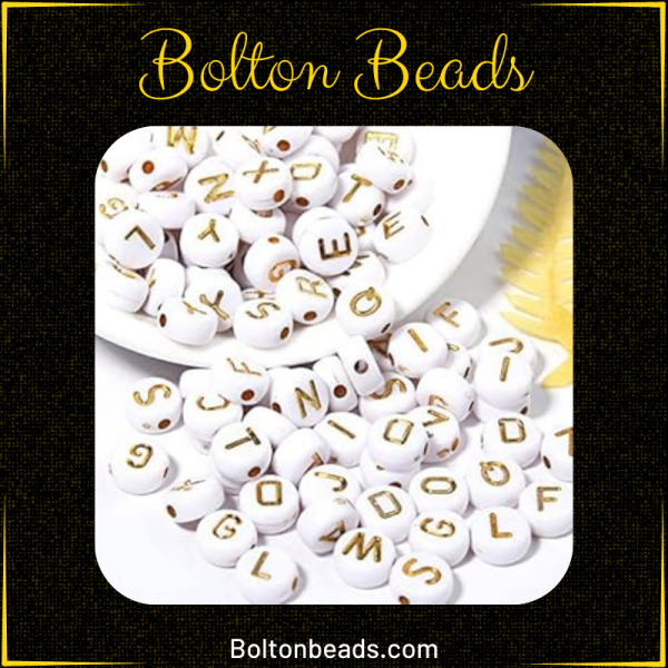 Round Alphabet Beads in White and Golden, approximately 120 beads for jewelry making.