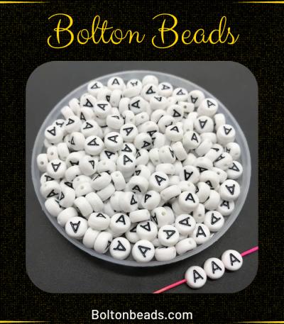 Round Alphabet Beads in Black and White featuring the letter A, approximately 60 beads for jewelry making.