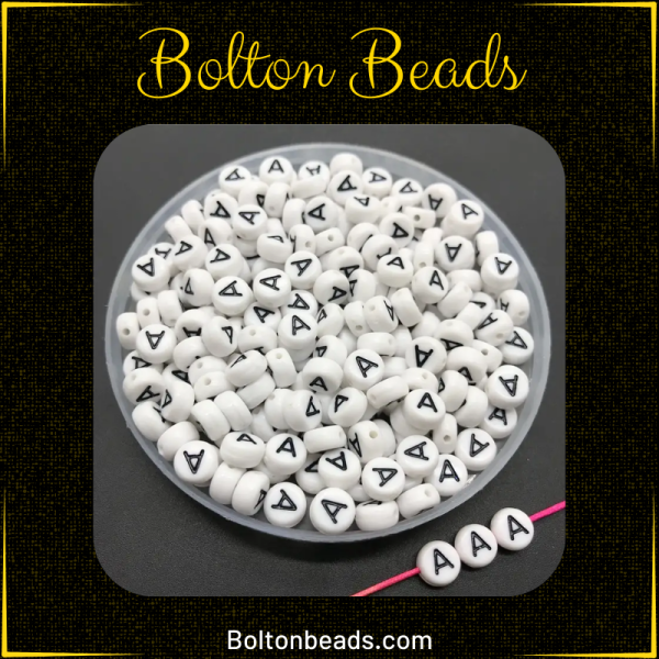 Round Alphabet Beads in Black and White featuring the letter A, approximately 60 beads for jewelry making.