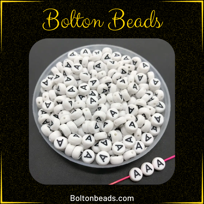 Round Alphabet Beads in Black and White featuring the letter A, approximately 60 beads for jewelry making.