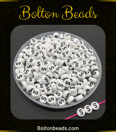 Round Alphabet Beads in Black and White featuring the letter S, approximately 60 beads for jewelry making.