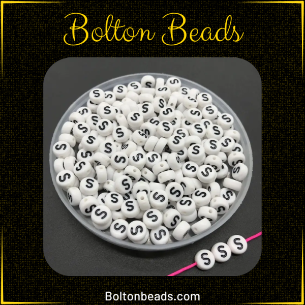 Round Alphabet Beads in Black and White featuring the letter S, approximately 60 beads for jewelry making.