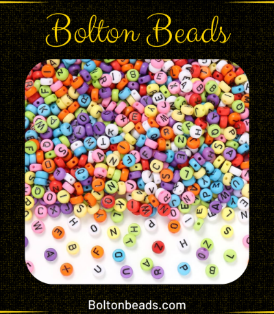 Round Alphabet Beads in Multi Black, approximately 120 beads for jewelry making.