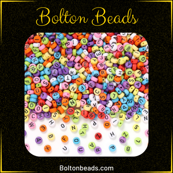 Round Alphabet Beads in Multi Black, approximately 120 beads for jewelry making.