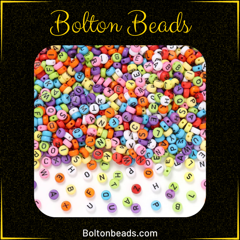 Round Alphabet Beads in Multi Black, approximately 120 beads for jewelry making.
